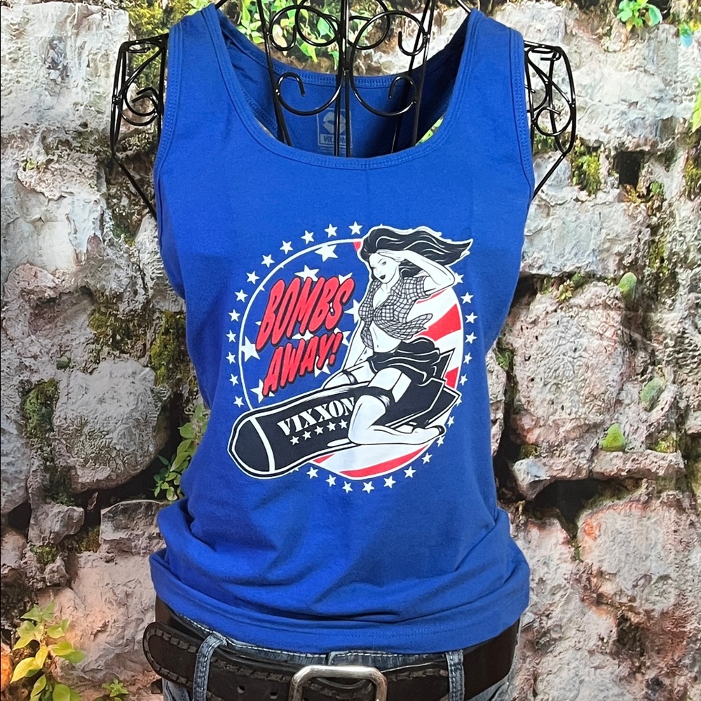 🎽 VIXXON Pin-Up Graphic Tank “Bombs Away” — Blue/White — Sz L / Q